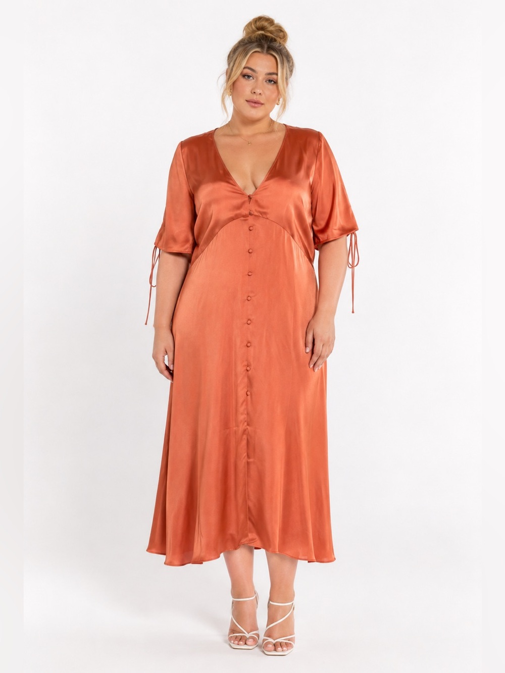 Vanessa Cocchiaro Open SleeveSatin Button-Front Midi Dress Wedding Event Party